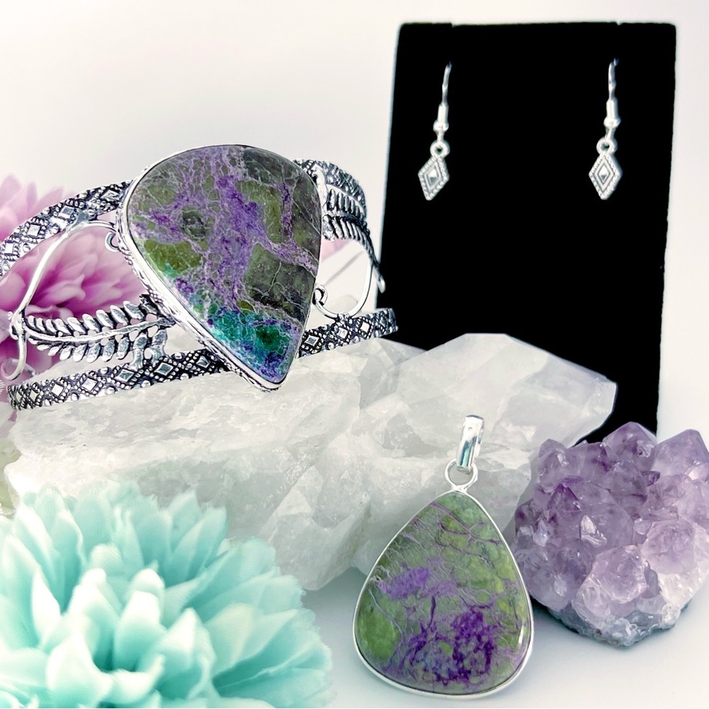 *SOLD* Solid Sterling 925 Purpurite Pendant Bracelet Earrings Jewelry Lot - Picture 1 of 13